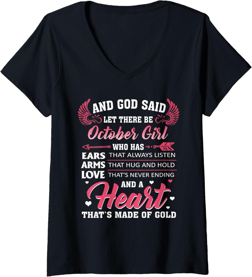 And God Said Let There Be October Girl Who Has V-Neck T-Shirt, Size: M