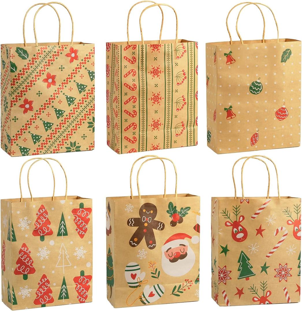 Ogrmar 24 PCS Christmas Gift Bags Kraft Holiday Wrapping Paper Bags with Christmas Prints for Holiday Party Favors Xmas Gift Box Packaging