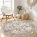 GENIMO 5FT Round Area Rugs for Living Room, Circle Rugs Machine Washable Low Pile, Chenille Non Slip Vintage Rug for Bedroom, Dining Room, Home Office, Light Taupe Brown