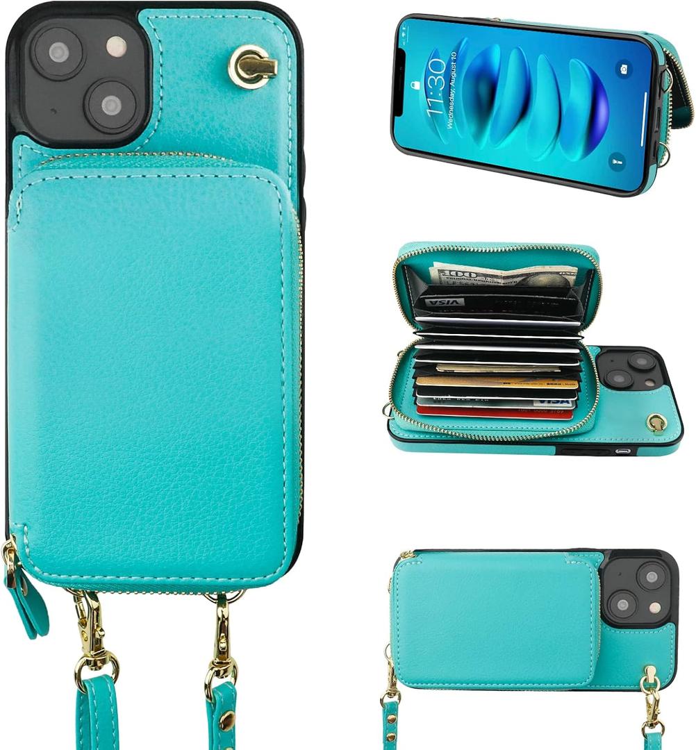 Bocasal Crossbody Wallet Case for iPhone 14 Plus, RFID Blocking Leather Purse Case with Card Holder, Protective Handbag Flip Cover with Zipper Wrist Strap Lanyard for Women 5G 6.7 Inch (Mint Green)