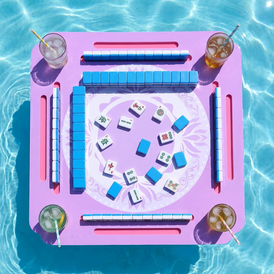 Floating Mahjong Table for Pool, Double Sided Floating Game Table with Cup Holders, for Mahjong Poker Card Games, Floating Mahjong Board for Hot Tub Lake Beach, Adults Summer Party (Purple), 31.5 inches x 31.5 inches