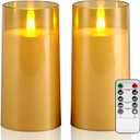 Raycare Flameless Electronic Pillar Candles with Remote Control and Timer- Battery Operated Realistic Flickering LED Fake Candle for Home, Wedding, Valentine's Day Decor, Gold,Set of 2