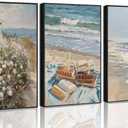 3Pcs Vintage Summer Ocean Beach Canvas Wall Art Retro Pastel Beach Book Coastal Wildflower Landscape Painting Wall Decor Trendy Preppy Print Artwork for Living Room Dorm Home Decoration Unframed