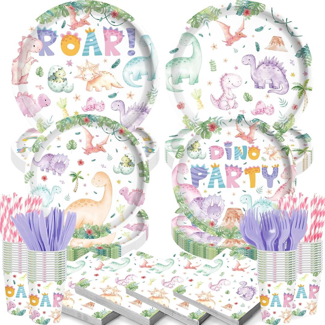 140PCS Pastel Dinosaur Birthday Decorations,Girl Pink Dinosaur Theme Party Tableware Set Plates Napkins Cups, Girls Dino Party Supplies Serves 20 Guests
