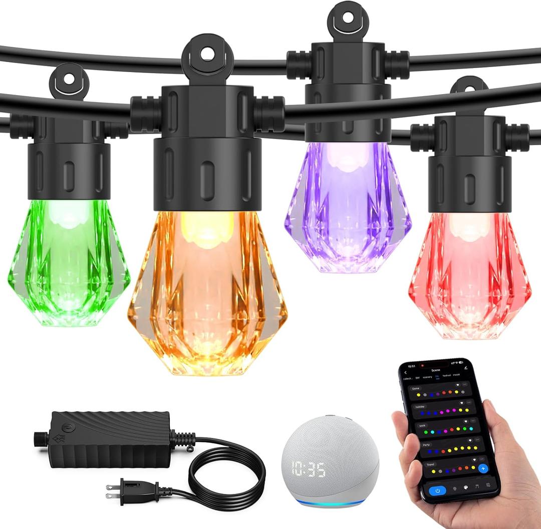 XMCOSY+ 96FT Smart Outdoor String Lights  RGBCWIC Dimmable Acrylic Bulbs, Color Changing LED Patio Lights APP WiFi Control, Compatible with Alexa, IP65 Waterproof Outdoor Lights for Backyard Porch