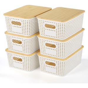 Plastic Storage Baskets With Bamboo Lid - Plastic Storage Containers Stackable Storage bins: Storage Baskets for Organizing Shelves Drawers Desktop Closet Playroom Classroom Office, 6 Pack (Cream White)
