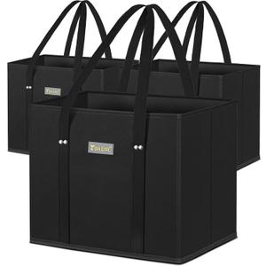 BALEINE 3Pk Reusable Grocery Bags, Foldable Shopping Bags for Groceries with Reinforced Bottom & Handles (Black), 3 Pack