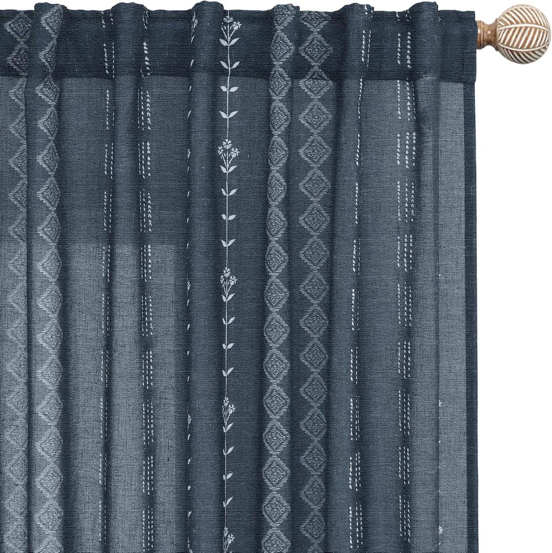 Navy Blue and White Patterned Curtains,Floral Boho Striped Print Farmhouse Winter Pattern Curtains for Living Room Bedroom 84 Inch Length