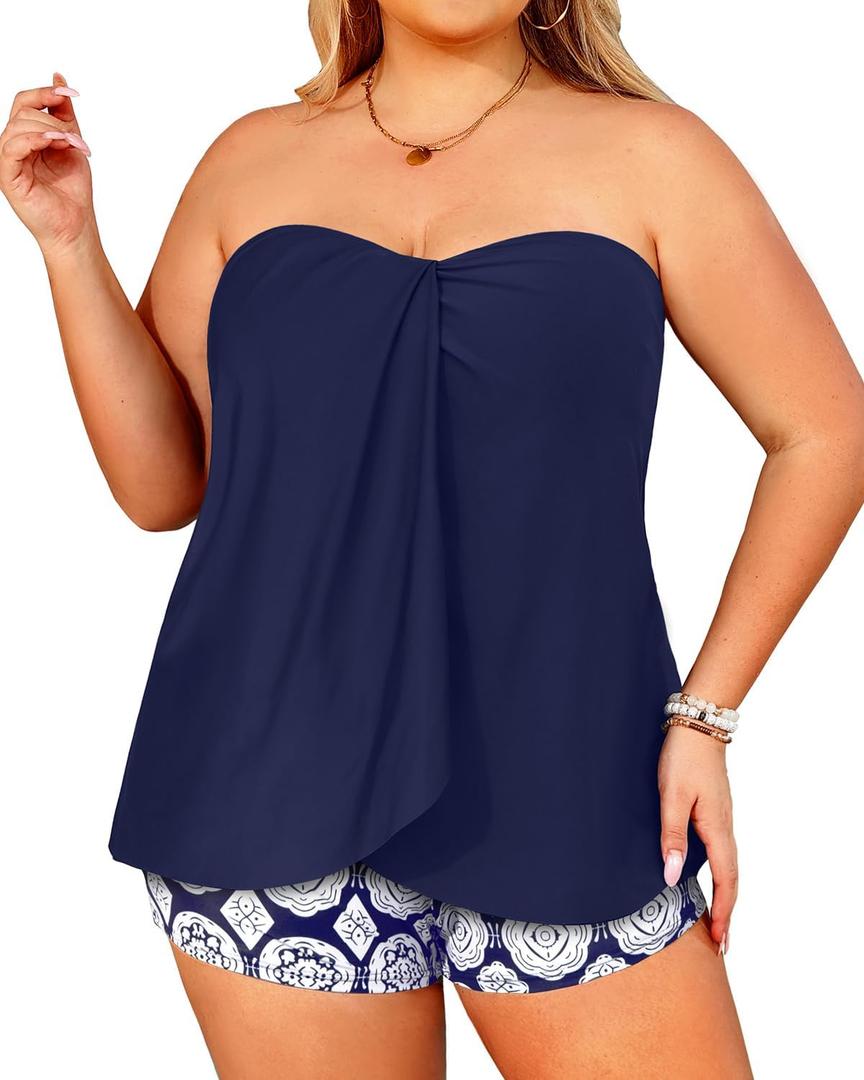 Daci Plus Size Bandeau Tankini Swimsuit for Women 2 Piece Halter Swim Top with Shorts Tummy Control Bathing Suits (Navy Geometry) 20 Plus