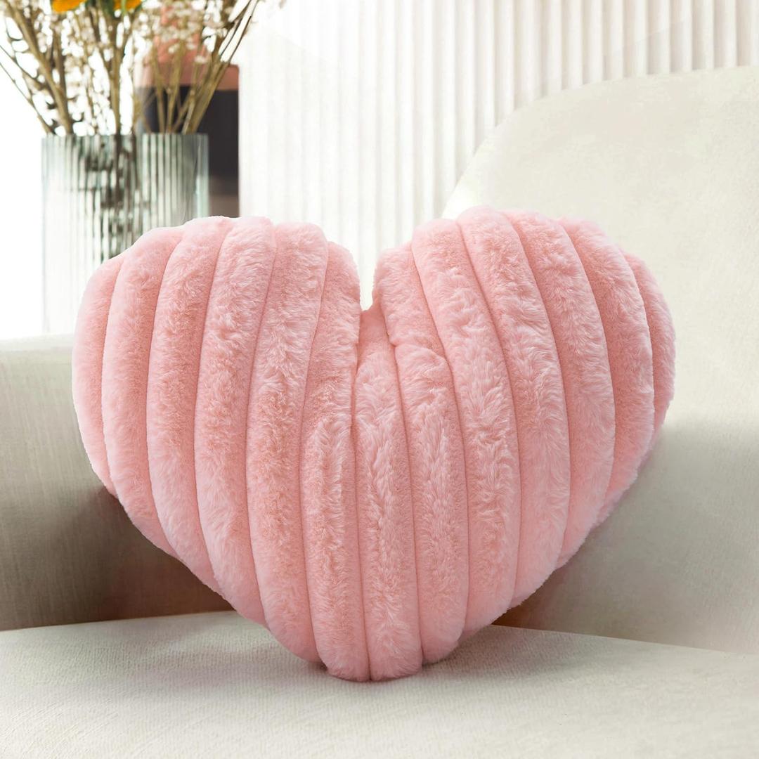 12.9 Inch Heart Pillow Cute Soft Decorative Throw Pillows, Heart Shaped Fluffy Faux Fur Pillows Cushions for Couch Sofa Bed Bedroom Room Home Decor Aesthetic (1, Pink, Small-12.9"x9.5")