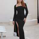 XXTAXN Womens Formal Bodycon Square Neck Long Sleeve Wedding Guest Party Slip Fitted Midi Dress (Black, S)