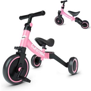 besrey 5 in 1 Toddler Bike for 1 Year to 4 Years Old Kids, Toddler Tricycle Kids Trikes Tricycle, Toys for Boy & Girl, Balance Training, Removable Pedals (Pink)