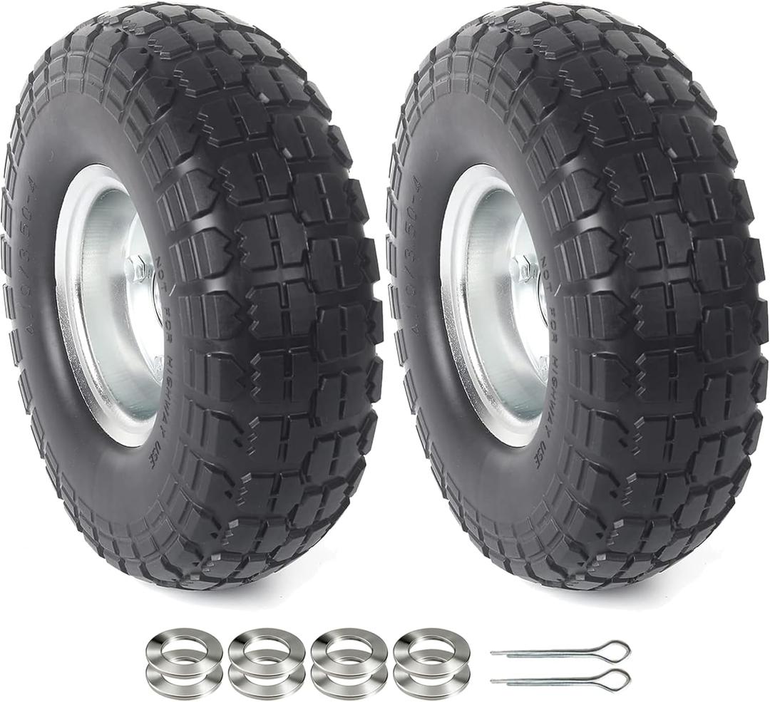 AR-PRO (2-Pack) 10-Inch Solid Rubber Tire Wheels - Replacement 4.10/3.50-4" Flat Free Tire with 5/8" Bearings, 2.2" Offset Hub - Compatible with Hand Truck, Wheelbarrow, Dolly, Gorilla Carts (Silver)