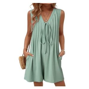 AlvaQ Womens Rompers Summer Loose Sleeveless Pleated Tie Front V Neck Shorts Jumpsuits with Pockets L