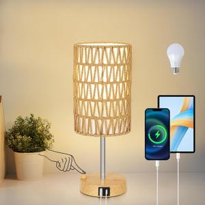 Boho Table Lamp for Bedroom with Bulb, Small Touch Control Table Lamp for Living Room with Rattan & Linen Shade, 3 Way Dimmable Bedside Lamp for Nightstand with USB Charging Port & Phone Stand (Faux wood)