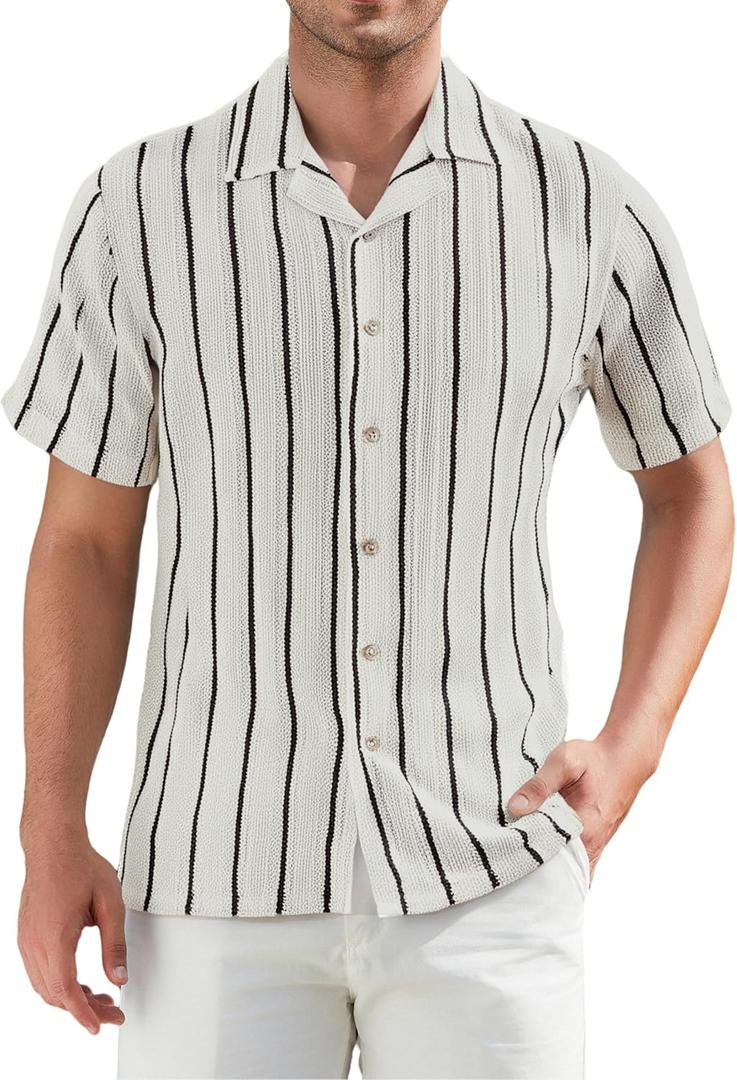 Alex Vando Mens Summer Shirts See Through Sheer Lace Casual Short Sleeve Button Down Beach Shirt (L)