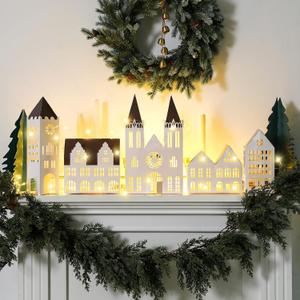 Geelin 7 Pcs Christmas Village Sets with USB LED Include 5 LED Paper Christmas Village Houses and 2 Xmas Trees DIY Crafts Xmas Houses Decoration for Mantel Winter Holiday Party Desktop Table Scene