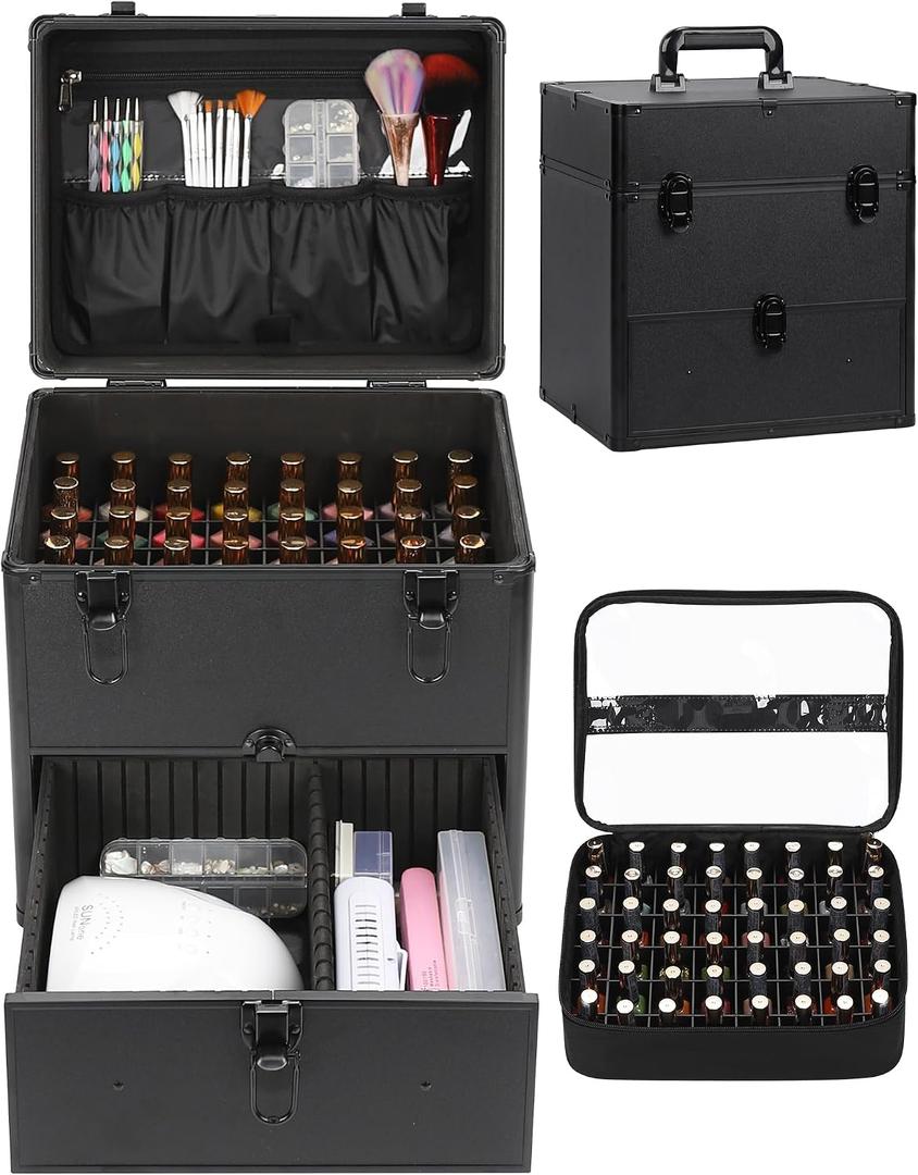Professional Nail Polish Organizer & Storage Case, Double Layer Travel Nail Supplies Container Holds 96 Bottles & Full Size Nail Lamp, Multi-functional Aluminum Box for Nail Tech, Tattoo & Makeup