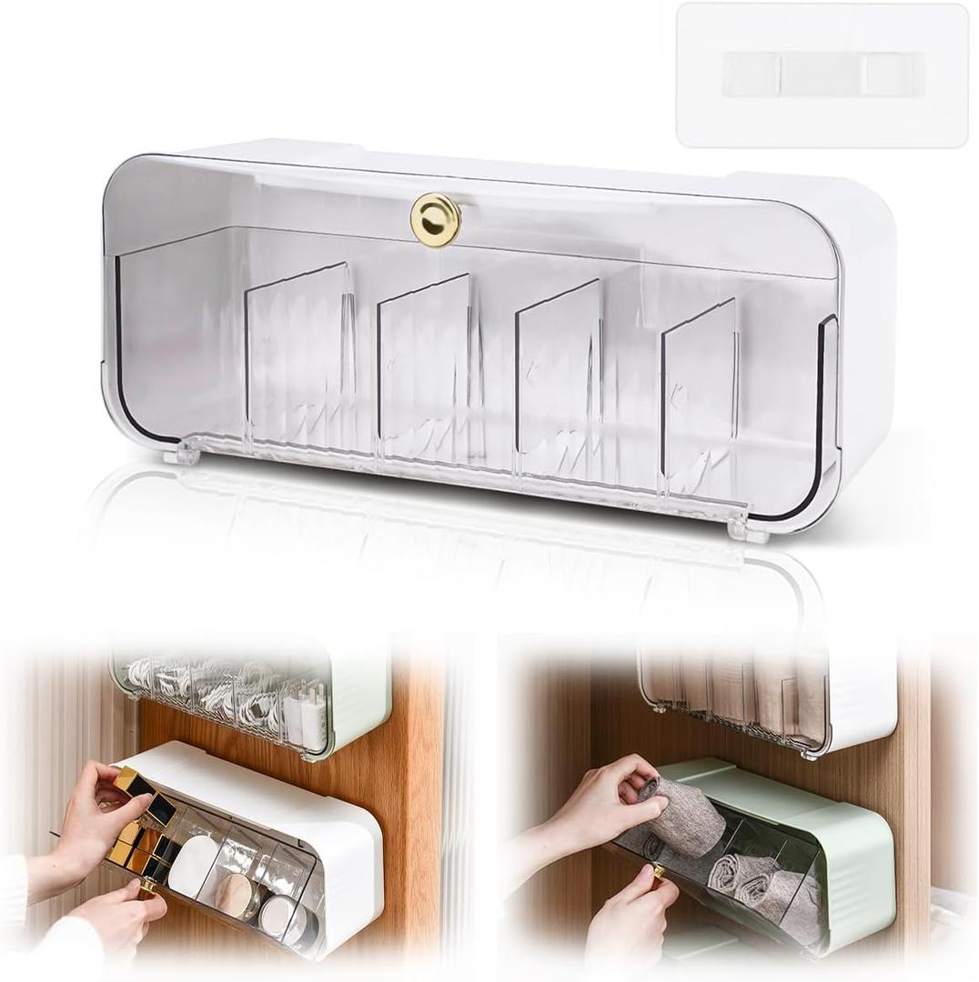 Socks Underwear Drawer Organizer, 5 Cell Compartments Acrylic Wall Mount Storage Boxes, Self-Adhesive Switchable Drawer Organizer for Socks, Lingerie, Ties, Cosmetic, Kitchen Spice(White)