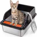 Jotesnew Stainless Steel Cat Litter Box, Odor Free High-Sided Metal Litter Box for Large Cats, Open Top Low Entry Litter Pan Design, Anti-Urine Leakage, Non-Stick, Easy to Clean, Scoop Included, Black