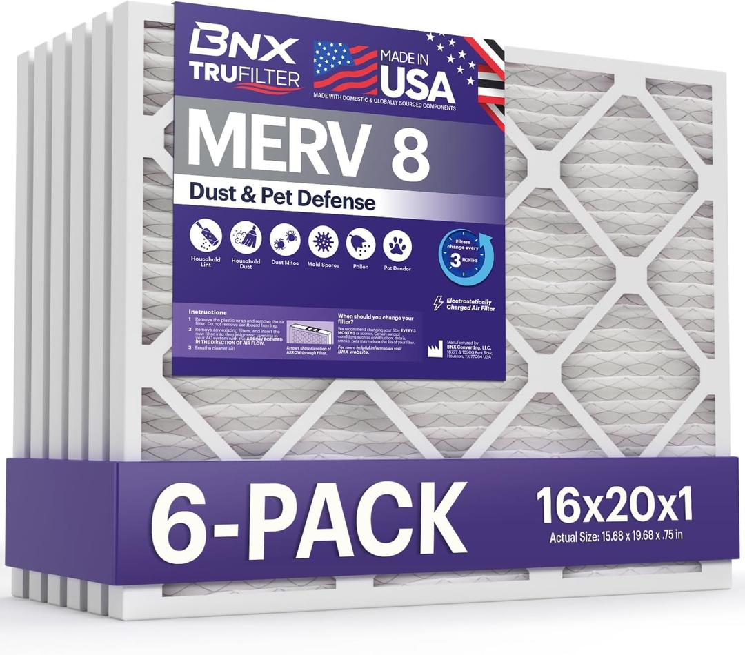 BNX TruFilter 16x20x1 Air Filter MERV 8 (6-Pack) - MADE IN USA  Dust & Pet Defense Electrostatic Pleated Air Conditioner HVAC AC Furnace Filters for Dust, Pet, Mold, Pollen MPR 600  700 & FPR 5
