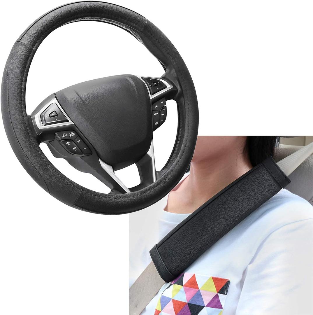 SEG Direct Microfiber Leather Auto Car Steering Wheel Cover with Seat Belt Pads Pack of 2 - Black
