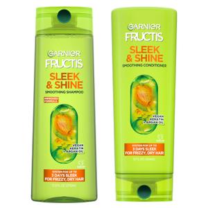 Garnier Fructis Sleek & Shine Shampoo (22 Fl Oz) + Conditioner (21 Fl Oz) Set for Frizzy, Dry Hair, Plant Keratin + Argan Oil (2 Items), 1 Kit