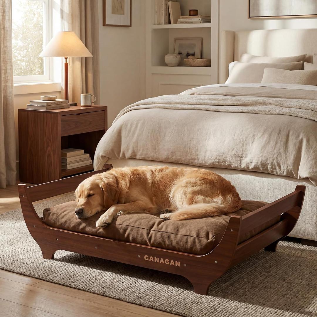 CANAGAN Elevated Wood Dog Bed Frame with Cushion, Walnut Pattern, L_Up to 80 lbs