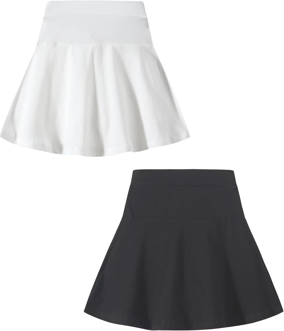 2 Pack Girls Skirts Elastic Flared Plain Tennis Skater Skirts with Built-in Shorts Kids Active Flowy Skorts (11-12 Years, Black/White)