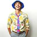 Halloween Zoo Fox Cosplay Costume, Hawaiian Printed Floral Tie, Blue Bucket Hat, One Size, Unisex for Cosplay Party