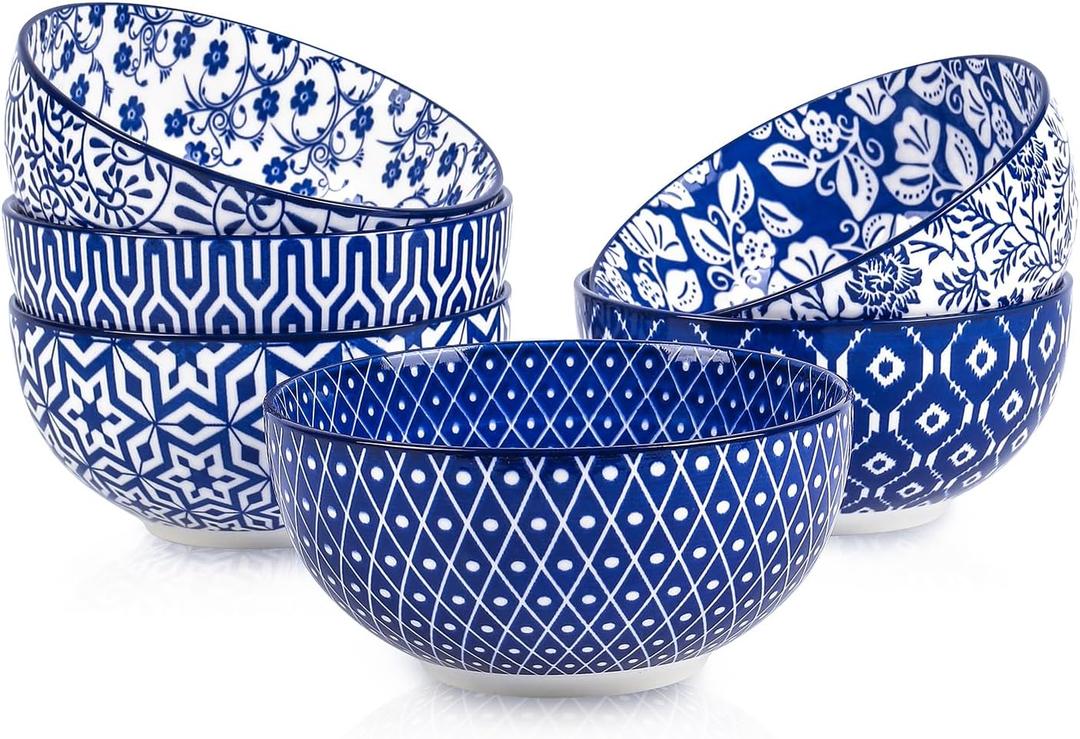 Selamica Ceramic Cereal Bowls Set of 6, 24 Oz Deep Soup Bowls for Kitchen, 5.9 Inch Porcelain Dessert Bowls for Salad, Pasta, Oatmeal, Ramen, Microwave Dishwasher Safe, Set of 6, Vintage Blue