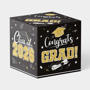 2 x Graduation Card Box Class of 2026 - Black and Gold Money Gift Box Holder for Party, Approx 9x9 Inch Large Foldable Cardboard Voting Box for High School College Grad Decorations, Congrats Grad