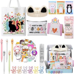 Cat Gifts for Cat Lovers Cat Office Supplies Canvas Tote Bag Spa Headband Cute Sticky Notepad Paper Clips Ballpoint Pen Cartoon Stickers Party Favor for Birthday Christmas Gifts