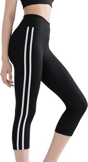 Women's Stripes 3/4 Tight High Waist Yoga Leggings - Premium Soft Workout Stretch Pants (US, Alpha, XX-Large, Regular, Regular, Black)