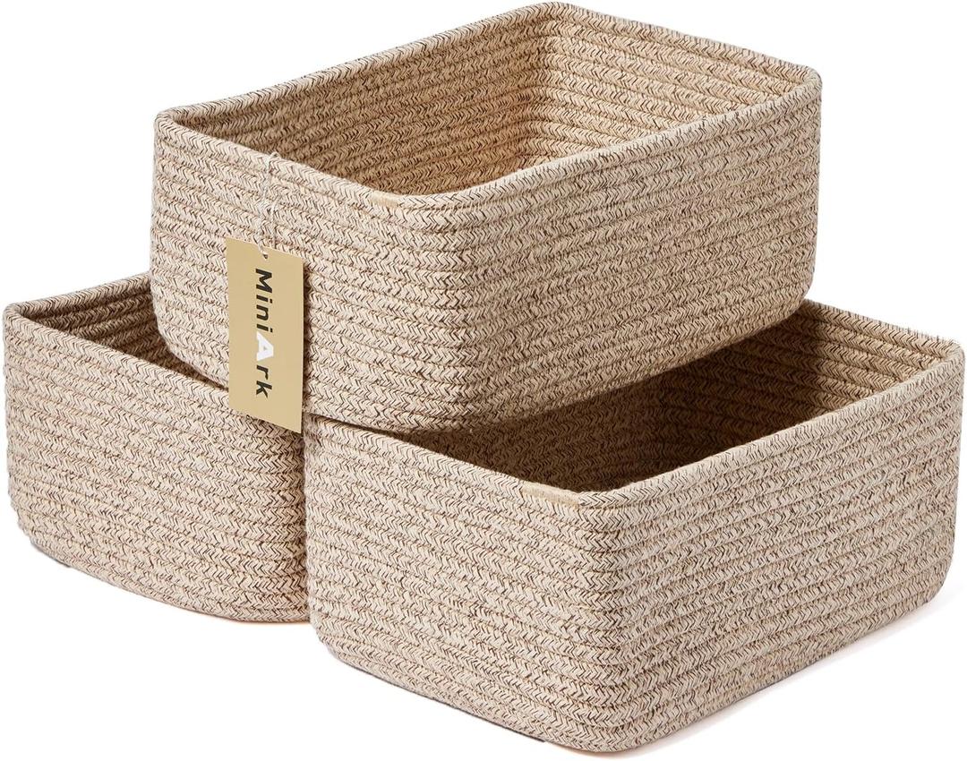 3 x MiniArk Small Storage Baskets for Organizing | Closet Organizer Bins | Shelf Toy Basket | Woven Rope Baskets | Cube Decorative Box | Shallow Basket | L11.5xW7.5xH4.7| Brown