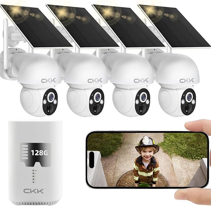 2.5K Wireless Solar Security Camera System, 4 Pack 360 View PTZ WiFi Cameras, Full Color Night Vision,Easy Setup, 2-Way Audio,10CH WiFi NVR with 128GB Storage, PIR Alarm, Compatible with Alexa