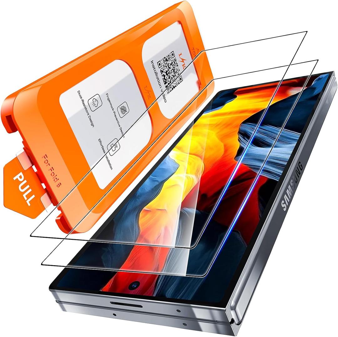 L K LK 3 in 1 for Samsung Galaxy Z Fold 6 Screen Protector, 2 Pack HD Tempered Glass Film + 1 Dust Free Installation Tool, Anti-Scratch No Dust Z Fold 6 Screen Protector