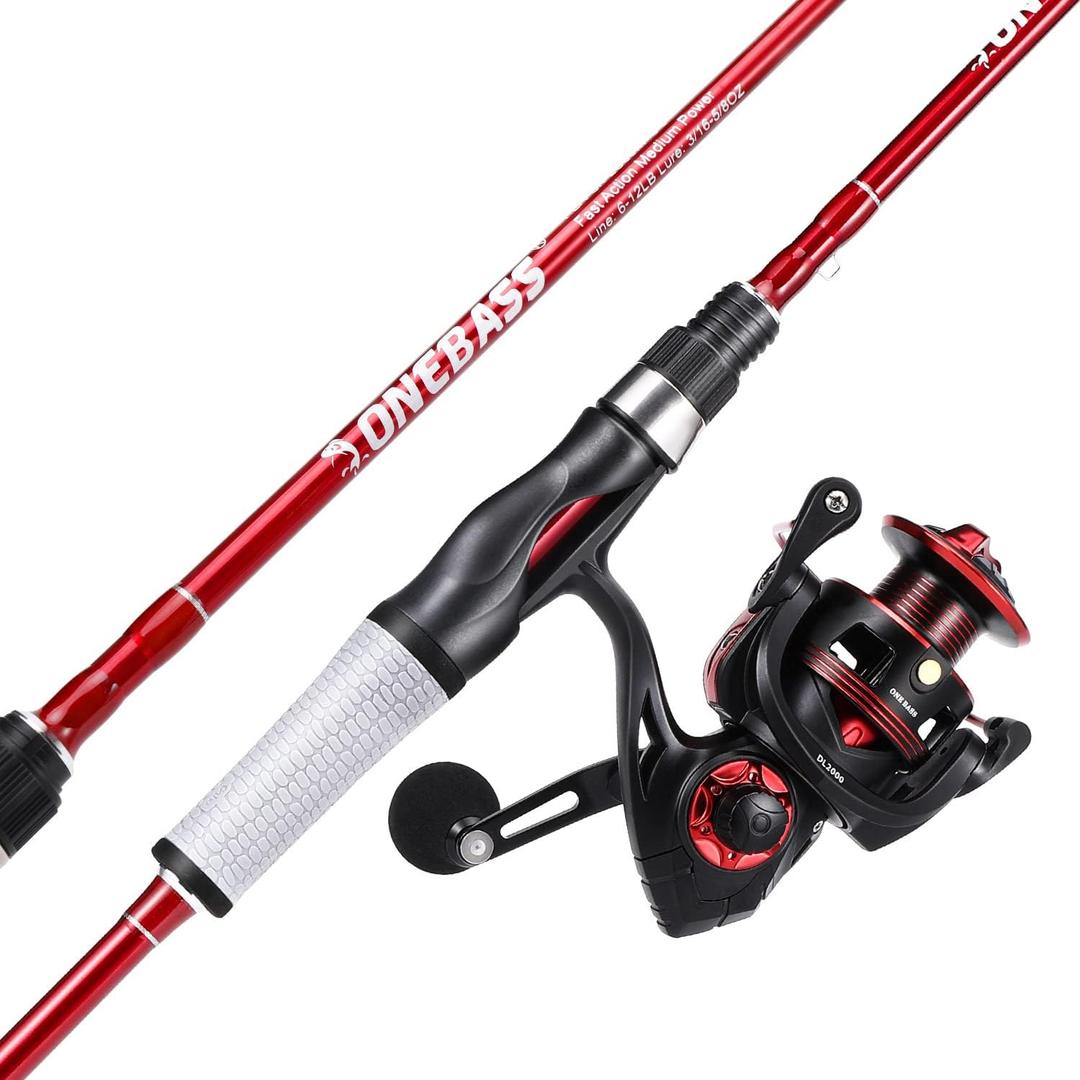 One Bass Spirit Flame Fishing Rod Reel Combo, Spinning Fishing Pole with Graphite 2Pc Blanks, Stainless Steel Guides (7'0"Medium Heavy-Fast with 2000 Reel, Red)