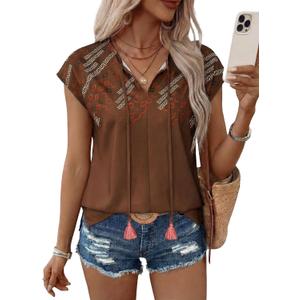 SHEWIN Womens Blouses Boho Summer Tops Cap Short Sleeves V Neck Chiffon Casual Elegant Geometric Printed Shirts (Brown, L)