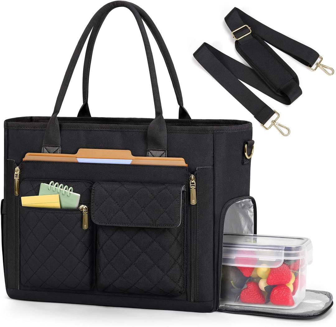 RAINSMORE Teacher Tote Bag with Insulated Lunch Compartment 15.6 inch Laptop Bag for Women Lightweight Work Bags Nurse Bags (Black)