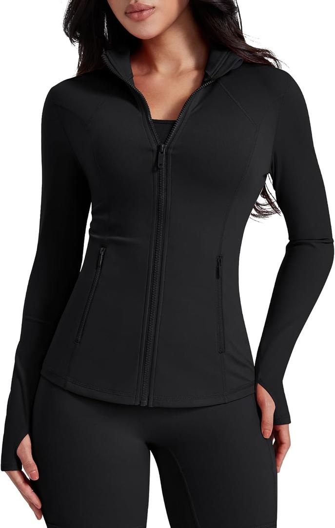 AVGO Womens Workout Jackets Lightweight Athletic Zip Up Jacket Slim Fit Running Gym Top with Pockets & Thumb Holes (X-Small, Black)