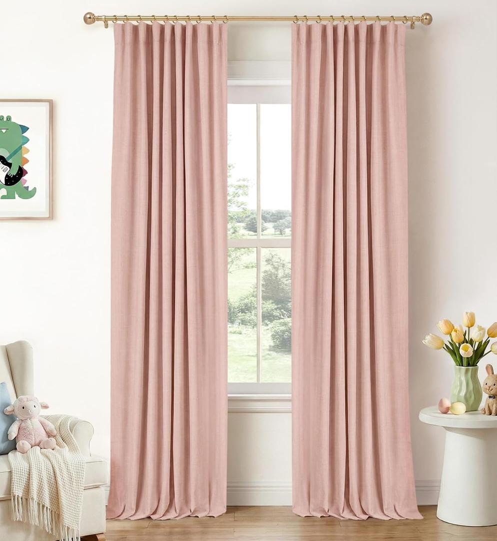 INOVADAY 100% Blackout Curtains for Bedroom, Black Out Curtains 84 Inch Long, Clip Rings Linen Blackout Drapes, Thermal Insulated Room Darkening for Living Room, 2 Panels - Blush Pink,W50xL84