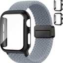 Braided Bands and Case for Apple Watch Bands for Women 40mm 44mm 46mm 42mm 45mm 41mm 38mm Men,Magnetic Nylon Sport Stretchy Solo Loop Elastic Strap with Cover for iWatch Series 11 10 9 8 7 6 5 4 3 SE (08-Space Grey+Black)