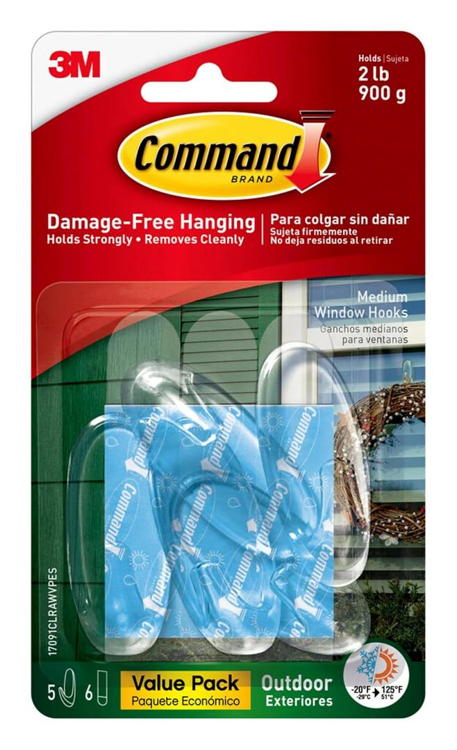 Command Outdoor Medium Clear Wall Hooks, 5 Hooks and 6 Command Strips, Damage Free Hanging Wall Hooks for Hanging Outdoor Wall Decor with Weather Resistant Strips, Holds up to 2 lb (Transparent)