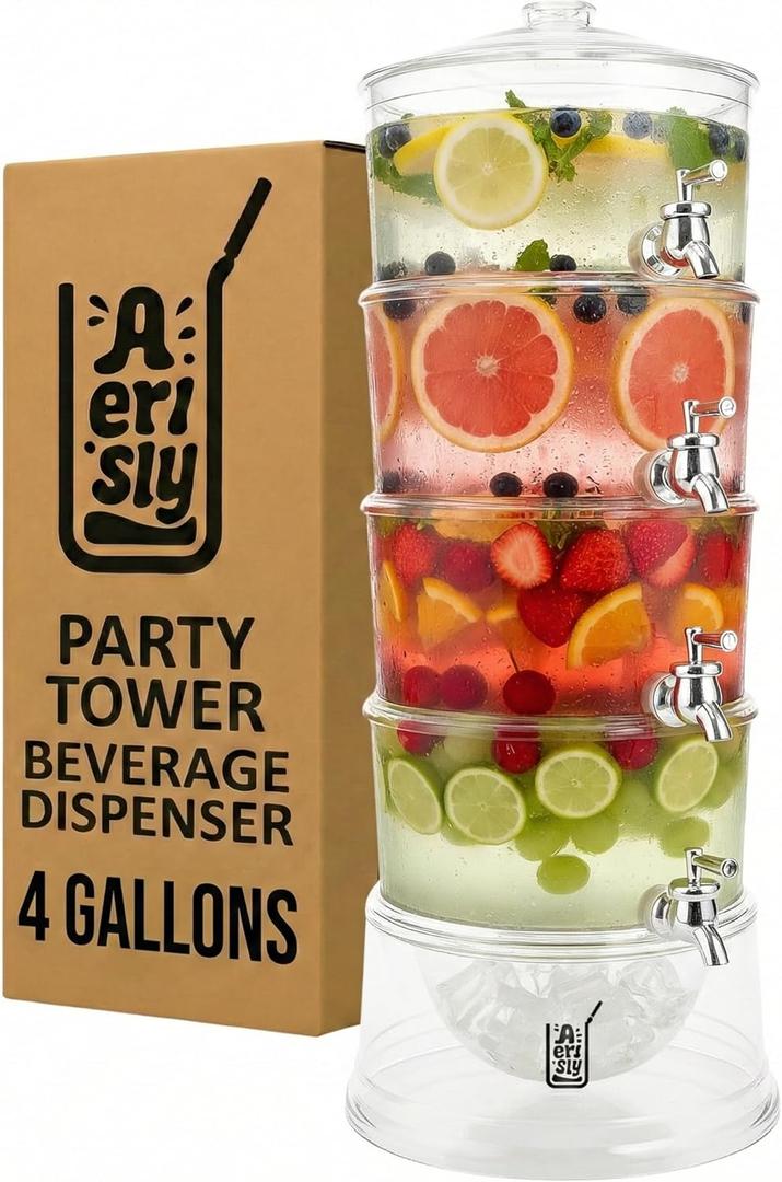 Party Tower Beverage Dispenser 4 Chambers - Large Drink Dispensers For Parties With Spigot & Lid - Plastic Drink Dispenser For Juice/Lemonade -Punch Dispenser For Parties 4 Gallon/Containers