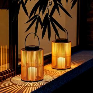 2 Pack Solar Lanterns Outdoor Waterproof, Cylindrical Shape Solar Lantern with Handle, Hand-Wound Outdoor Lantern Dusk to Dawn 6-8Hr, Hanging & Tabletop Decor for Garden/Patio (2Pack Candle-like style)