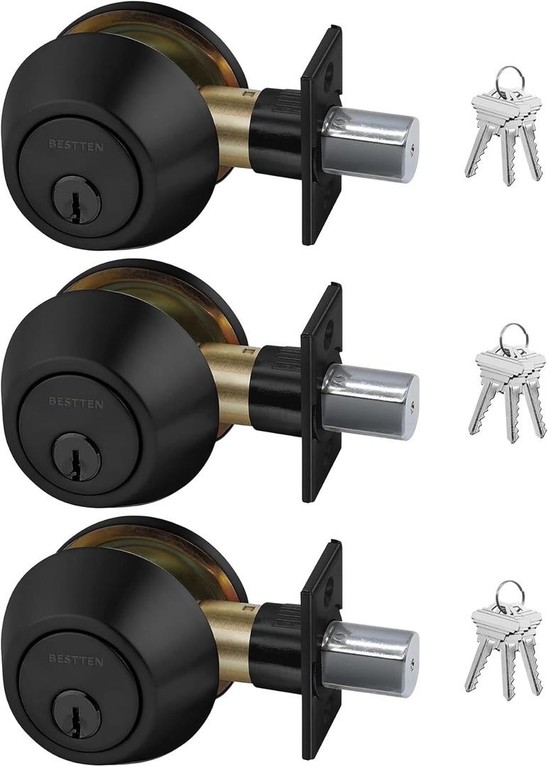 BESTTEN 3 Pack Keyed Alike Deadbolt, Single Cylinder Entry Door Lock with Same Key, 9 Keys Included, for Exterior Front Doors, Matte Black