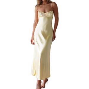 Satin Spaghetti Strap Backless Ruched Twist Cocktail Dresses for Women Silk Open Back Cut Out Midi Dress Wedding Guest (X-Small, Yellow)