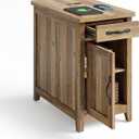 LINSY HOME Charging End Table with USB Ports, Wooden Door, Brown