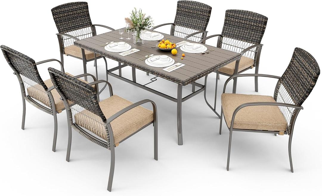 Pamapic 8504 Patio Dining 7 Piece, Outdoor Wicker Furniture Set for Backyard Garden Deck Poolside/Iron Slats Table Top, Removable Cushions, 7 Pack, Beige